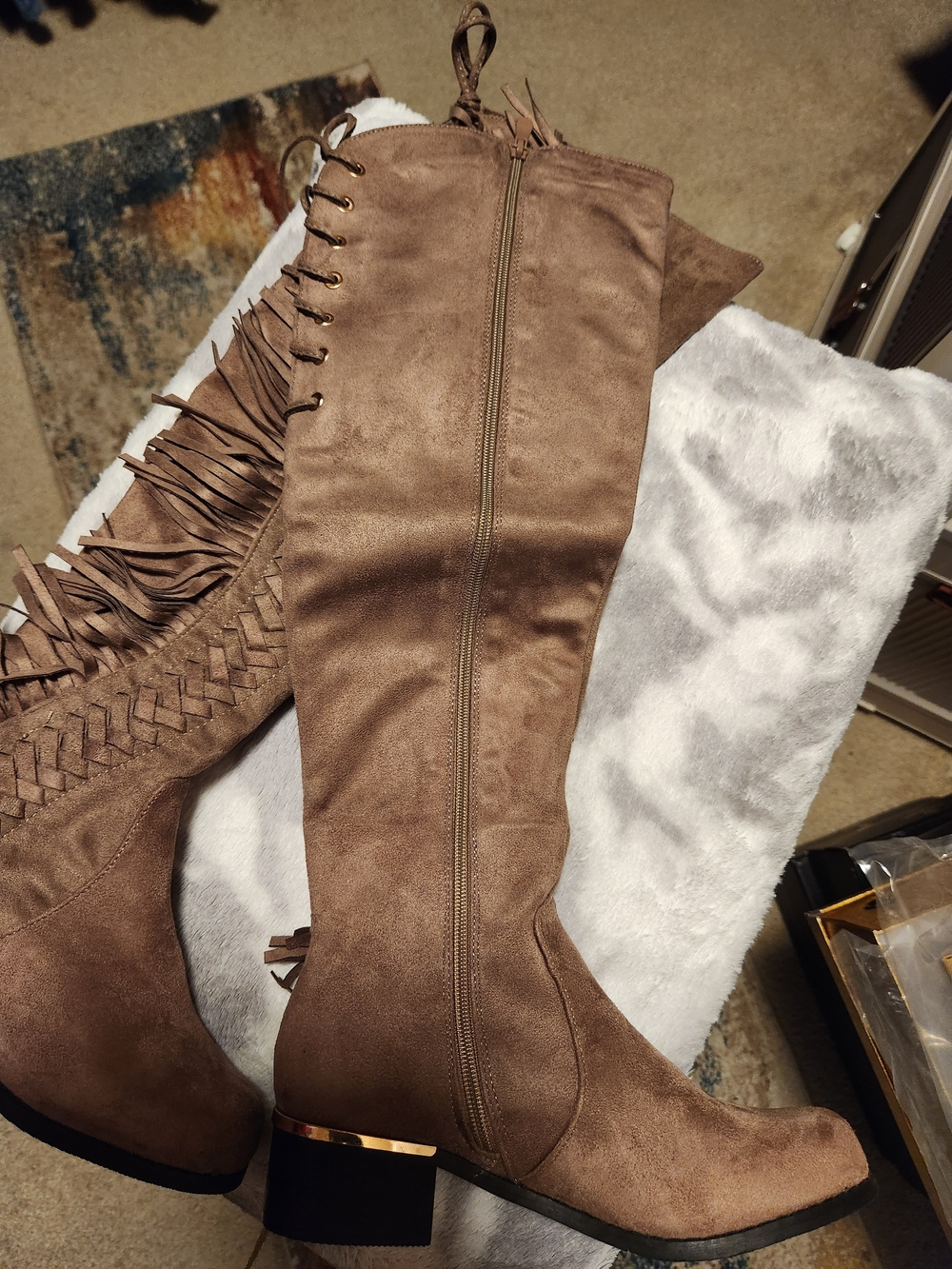 Taupe Fringe Boots with Side Zip
